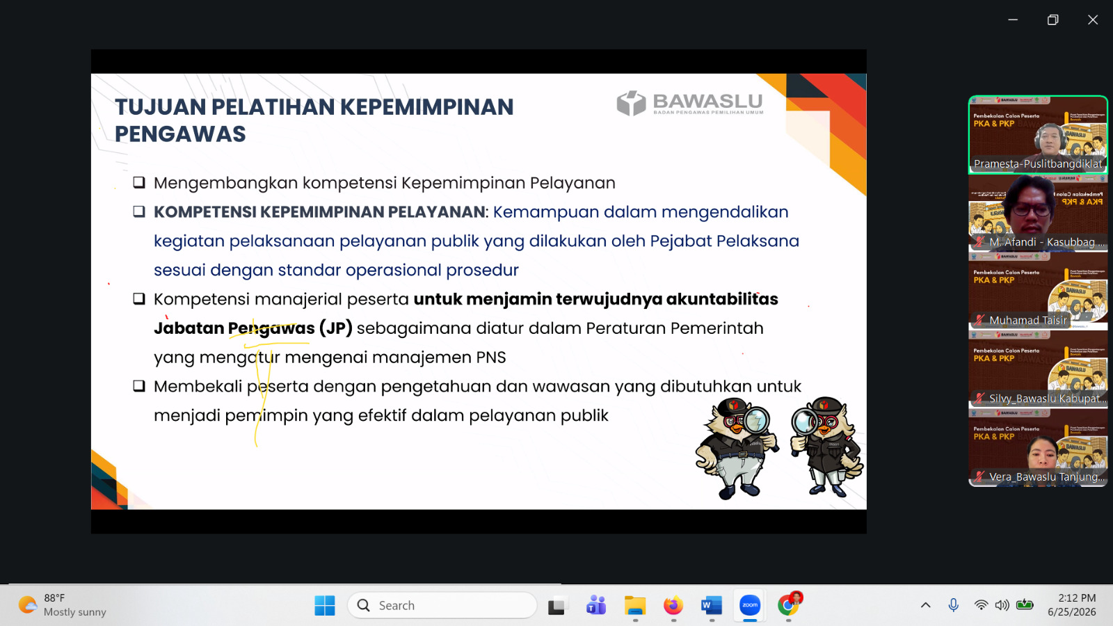 Kasubbag Administrasi Vera Marini Situmeang dan Kasubbag (P3SPH) M. Afandi mengikuti kegiatan Pembekalan Calon Peserta Pelatihan Kepemimpinan Pengawas (PKP) Tahun 2026 melalui Zoom Meeting